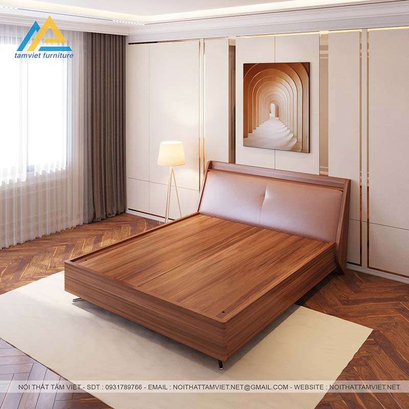 Giường gỗ công nghiệp vân gỗ bọc da GCN-08